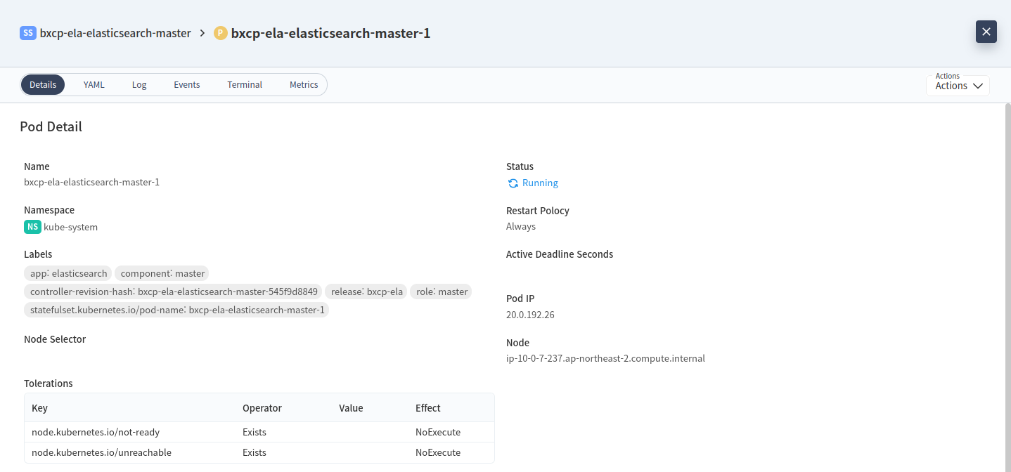 팝업 - Pods - bxcp-ela-elasticsearch-master-1